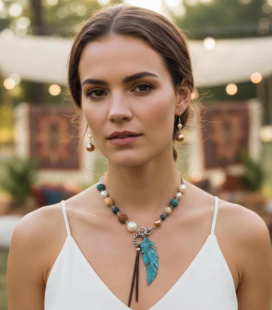 Cherokee Feather & Pearls Necklace Set