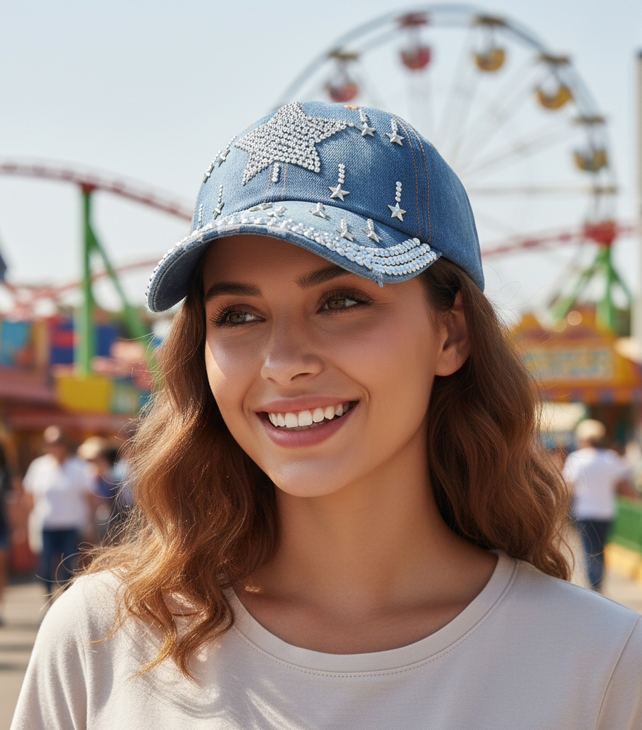 Mia Denim Rhinestone Baseball Cap