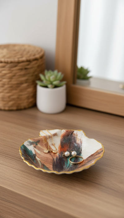 Feather Decoupage Shell Ring Dish