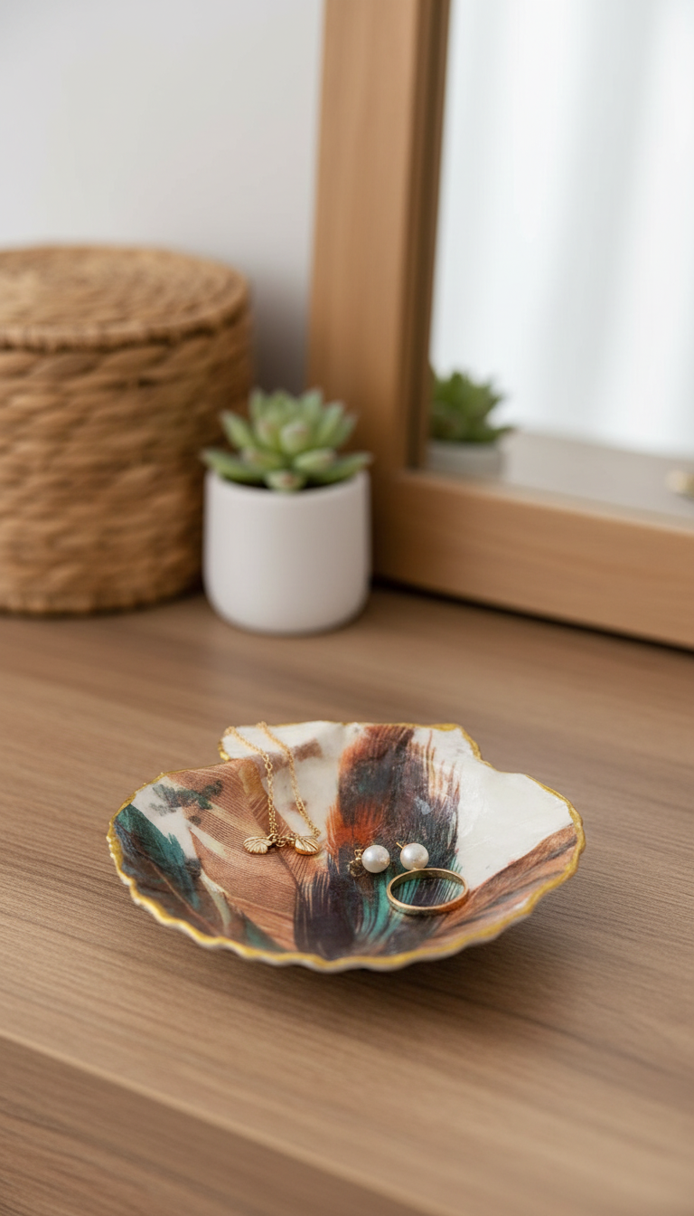Feather Decoupage Shell Ring Dish