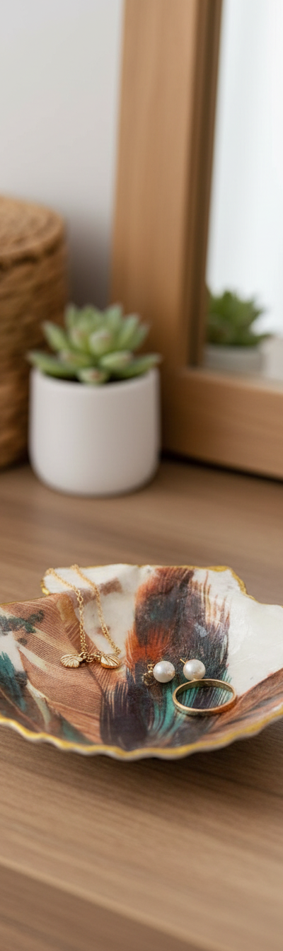 Feather Decoupage Shell Ring Dish