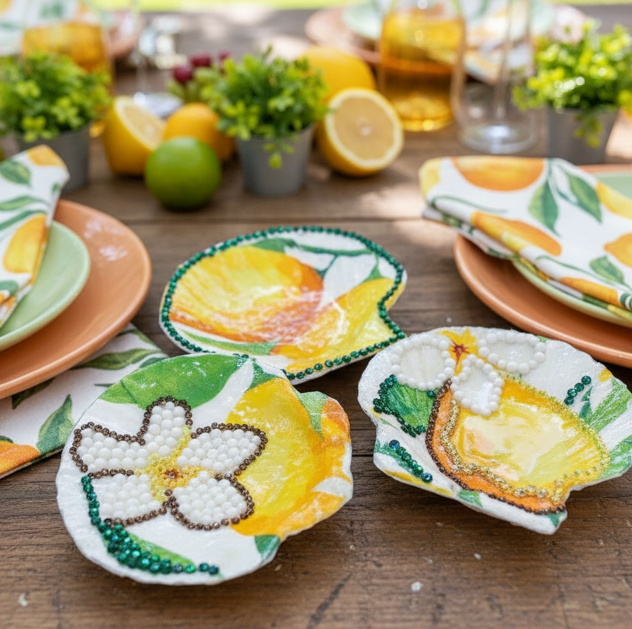 Trio Lemon Decoupage Shells