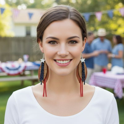 Handcrafted Red, White & Blue Fringe Leather Earrings with Star Detail