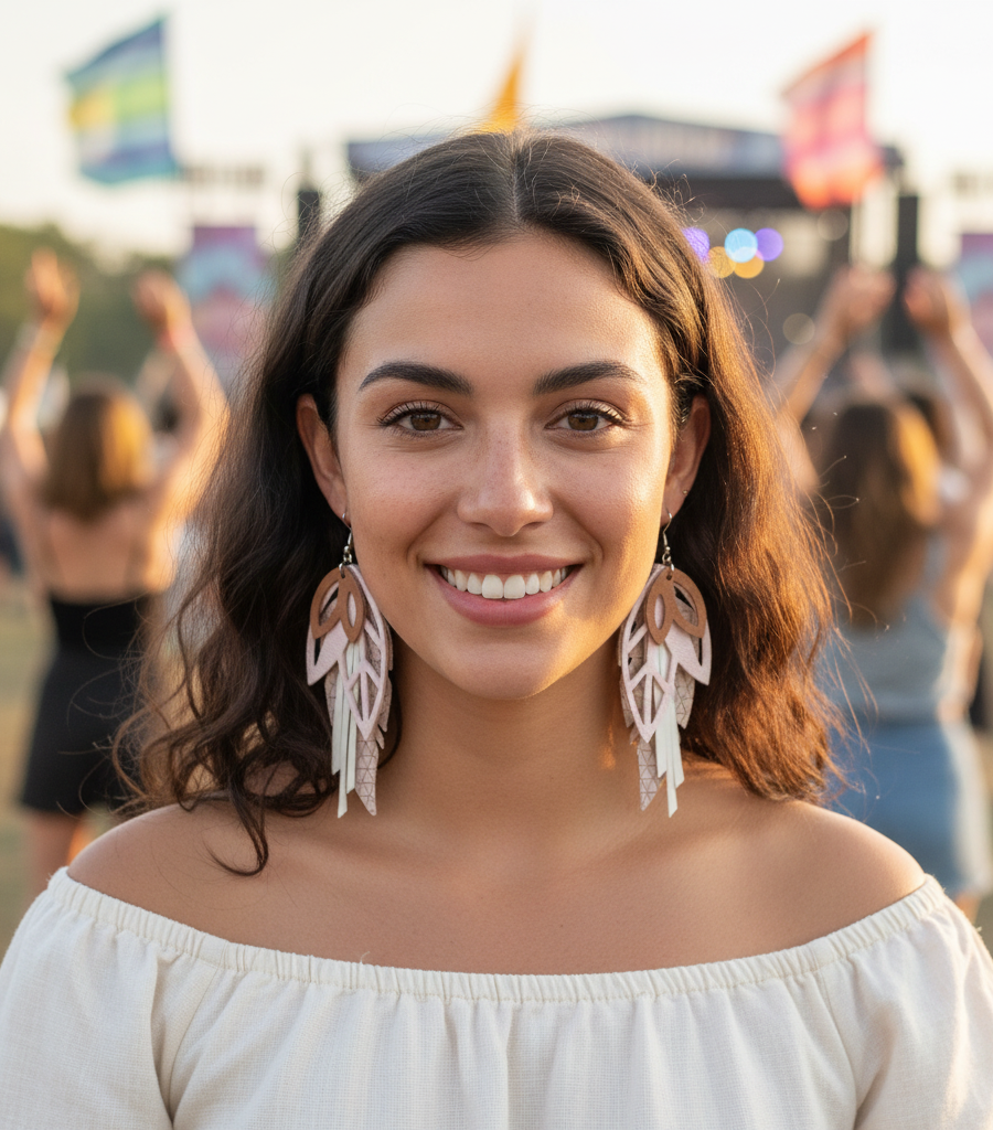 Handcrafted Boho Leather Earrings – Blush, Cream & Brown Layers