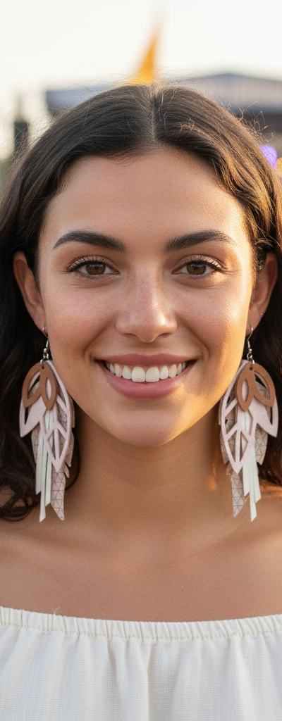 Handcrafted Boho Leather Earrings – Blush, Cream & Brown Layers