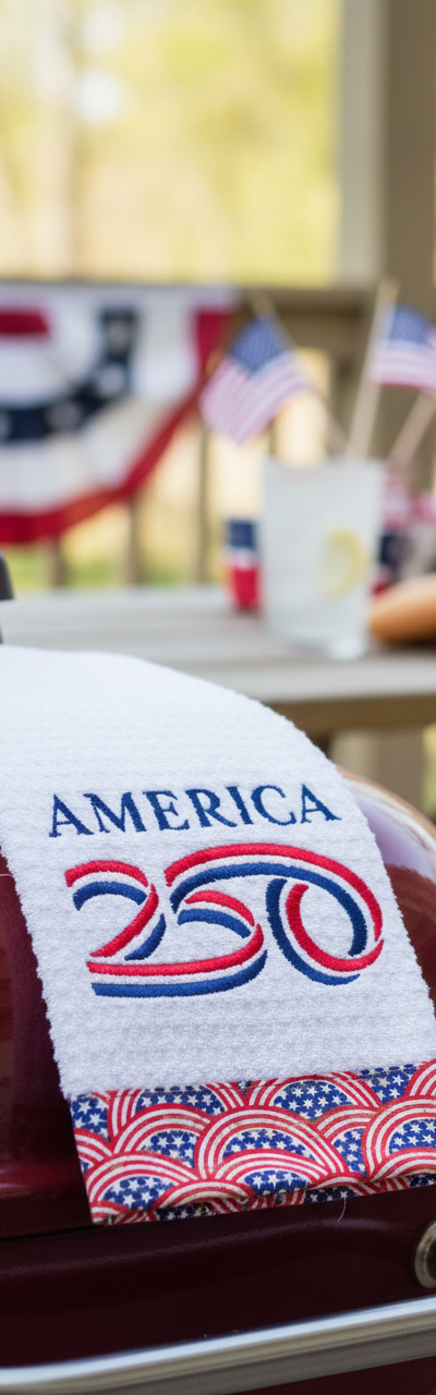Patriotic machine embroidered kitchen towel
