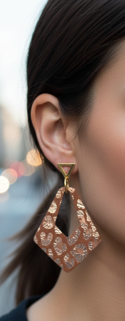 Handcrafted Leather Earrings – Tan & Copper with Animal Print Accent