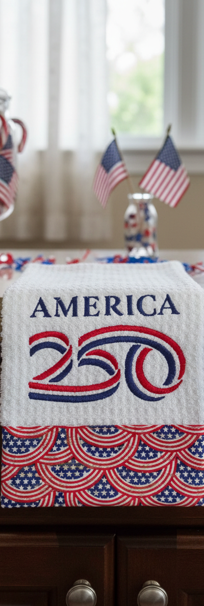Patriotic machine embroidered kitchen towel