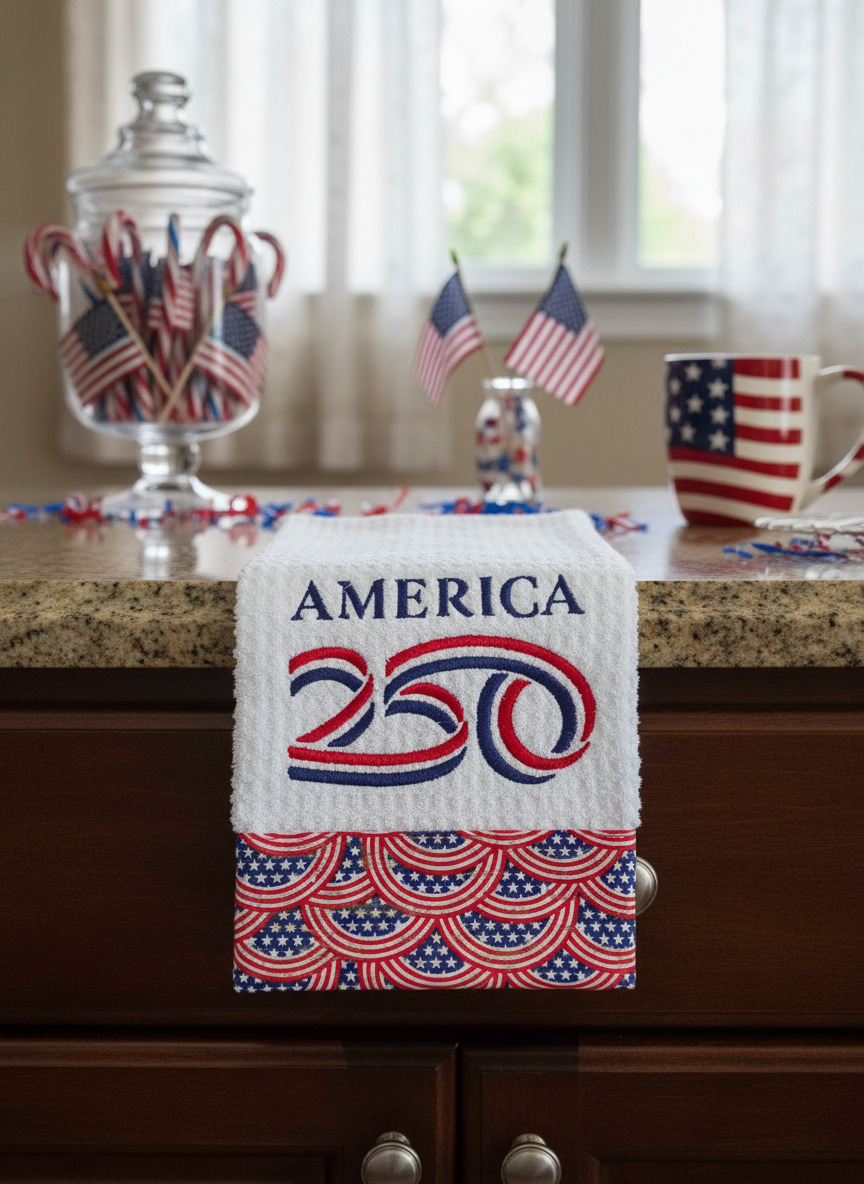 Patriotic machine embroidered kitchen towel
