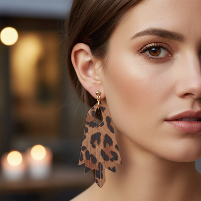 Handcrafted Leather Fringe Earrings – Leopard Print with Gold Stud