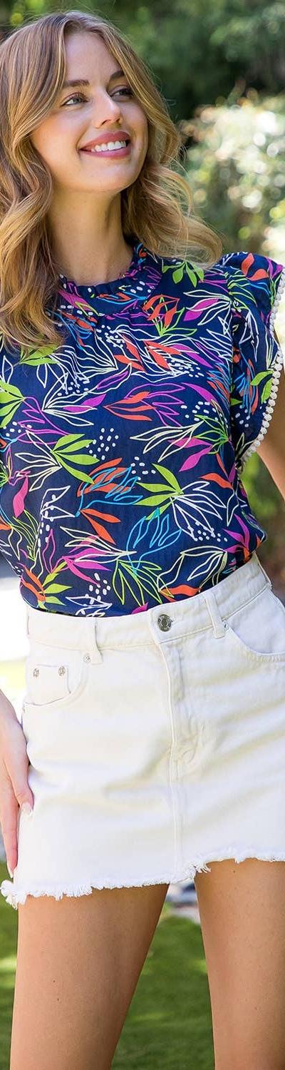 THML Flutter Sleeve Print Top: NAVY