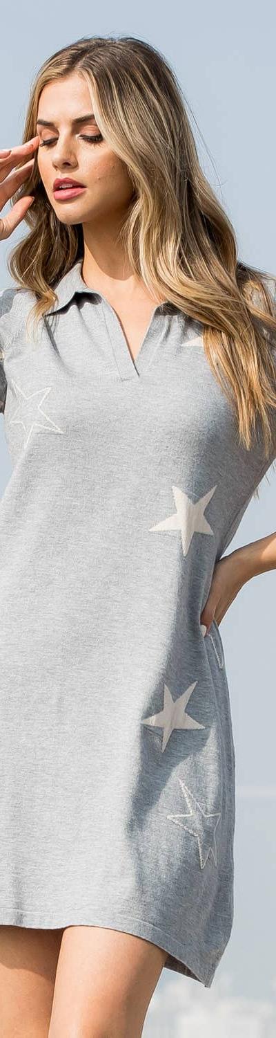 THML Collared Star Knit Dress: GRAY