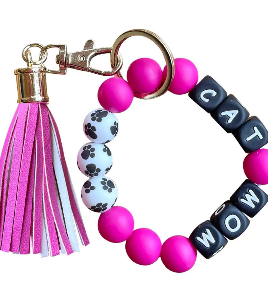 Silicone Beaded Bracelet Keychain - Cat Mom