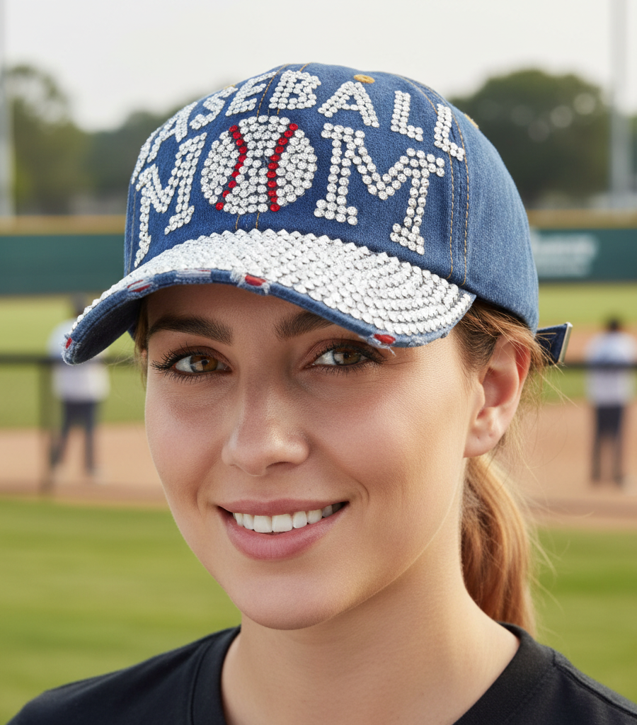 Rhinestone Studded "Baseball Mom" Denim Baseball Cap