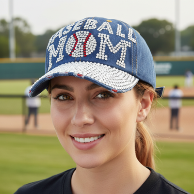 Rhinestone Studded "Baseball Mom" Denim Baseball Cap