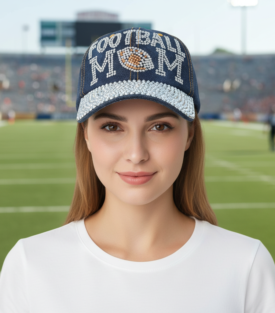 Rhinestone Denim Football mom baseball cap