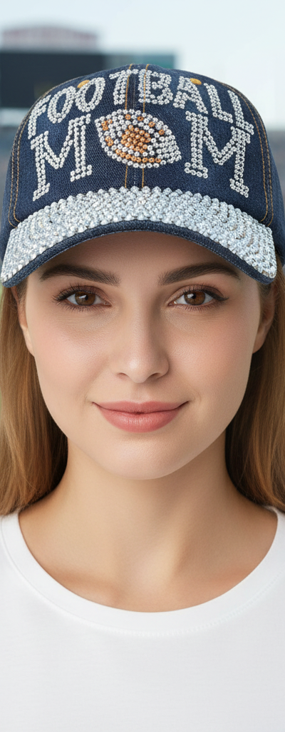 Rhinestone Denim Football mom baseball cap