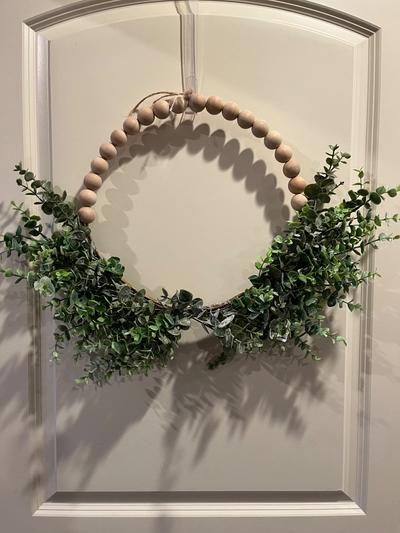 Wood beaded wreath with Eucalyptus swag and set of 4 Bows.  