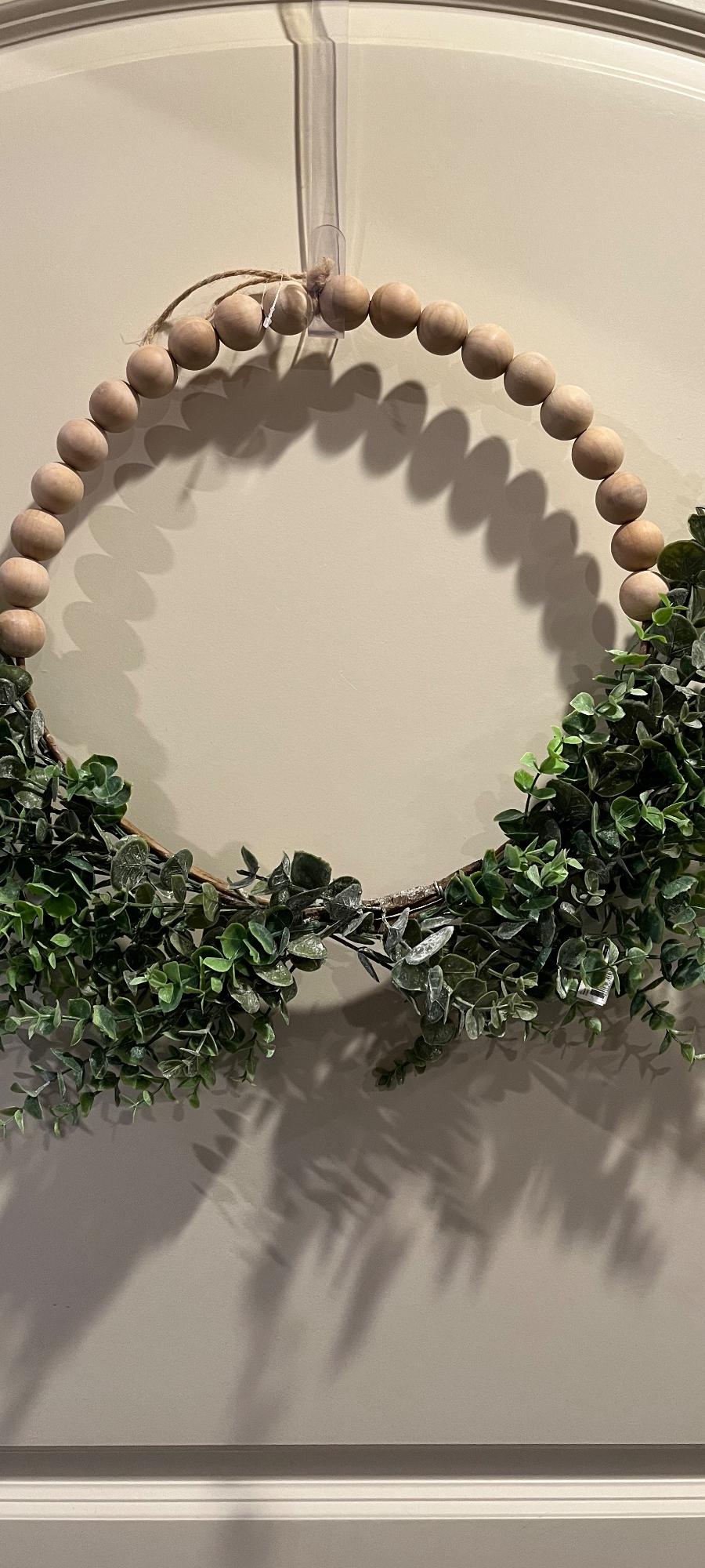 Wood beaded wreath with Eucalyptus swag and set of 4 Bows.  