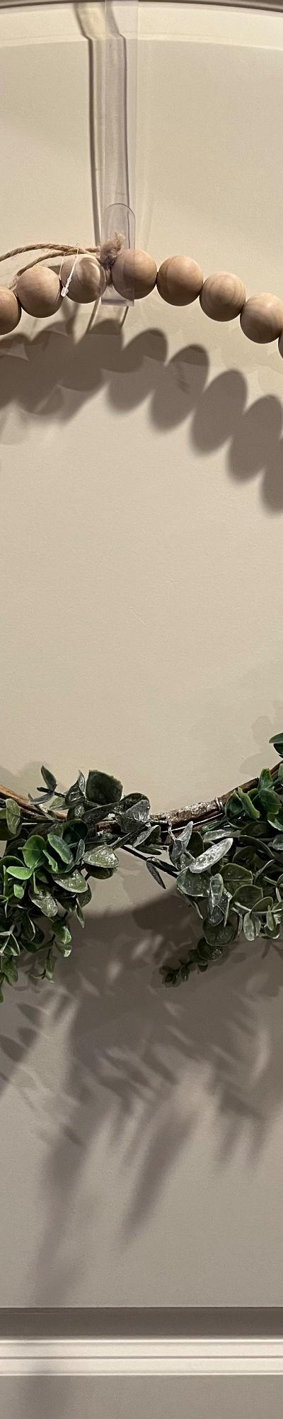 Wood beaded wreath with Eucalyptus swag and set of 4 Bows.