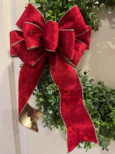 Red Velvet bow with gold metallic backing and edging