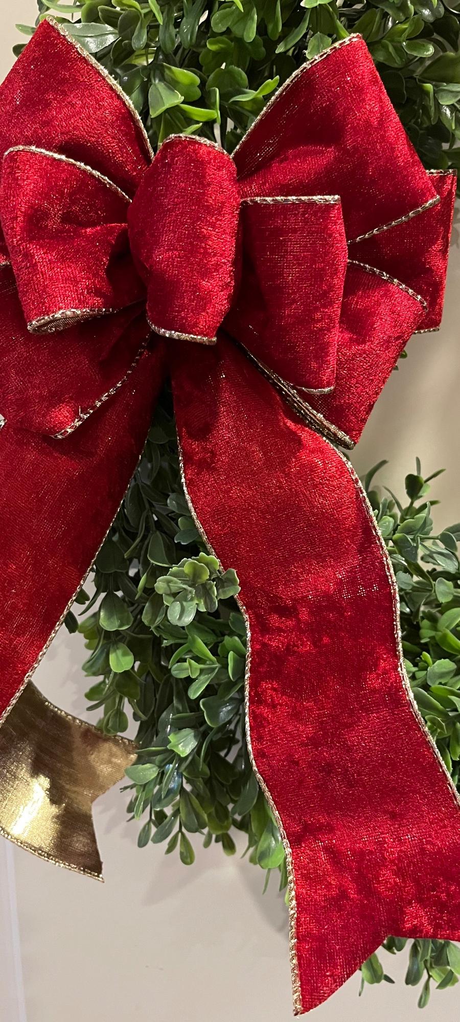 Red Velvet bow with gold metallic backing and edging