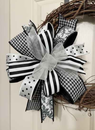 Black and White Wreath Bow, Designer Ribbon Door Bow, Farmhouse Wreath Bow, Buffalo Check Bow, Everyday Front Door Decor, Chinoiserie Decor