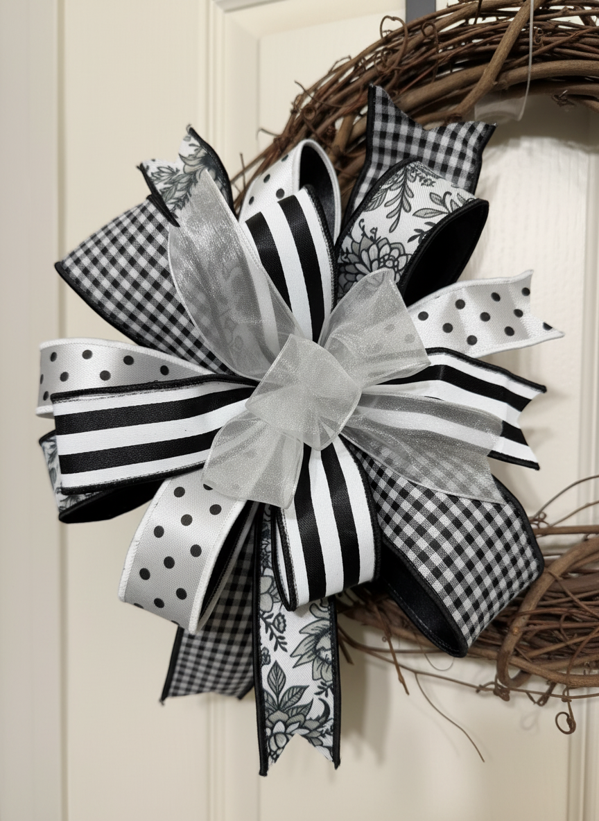 Black and White Wreath Bow, Designer Ribbon Door Bow, Farmhouse Wreath Bow, Buffalo Check Bow, Everyday Front Door Decor, Chinoiserie Decor