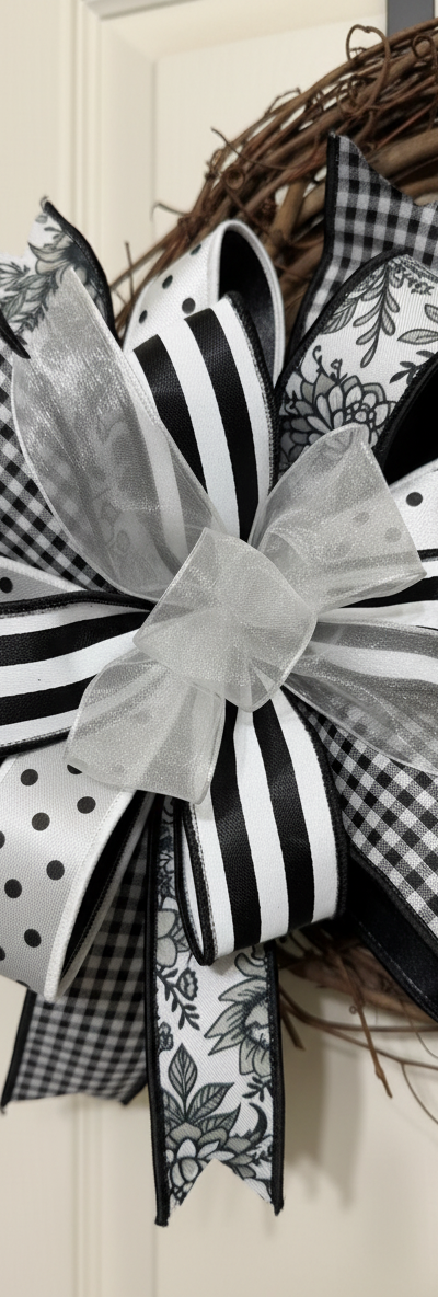 Black and White Wreath Bow, Designer Ribbon Door Bow, Farmhouse Wreath Bow, Buffalo Check Bow, Everyday Front Door Decor, Chinoiserie Decor