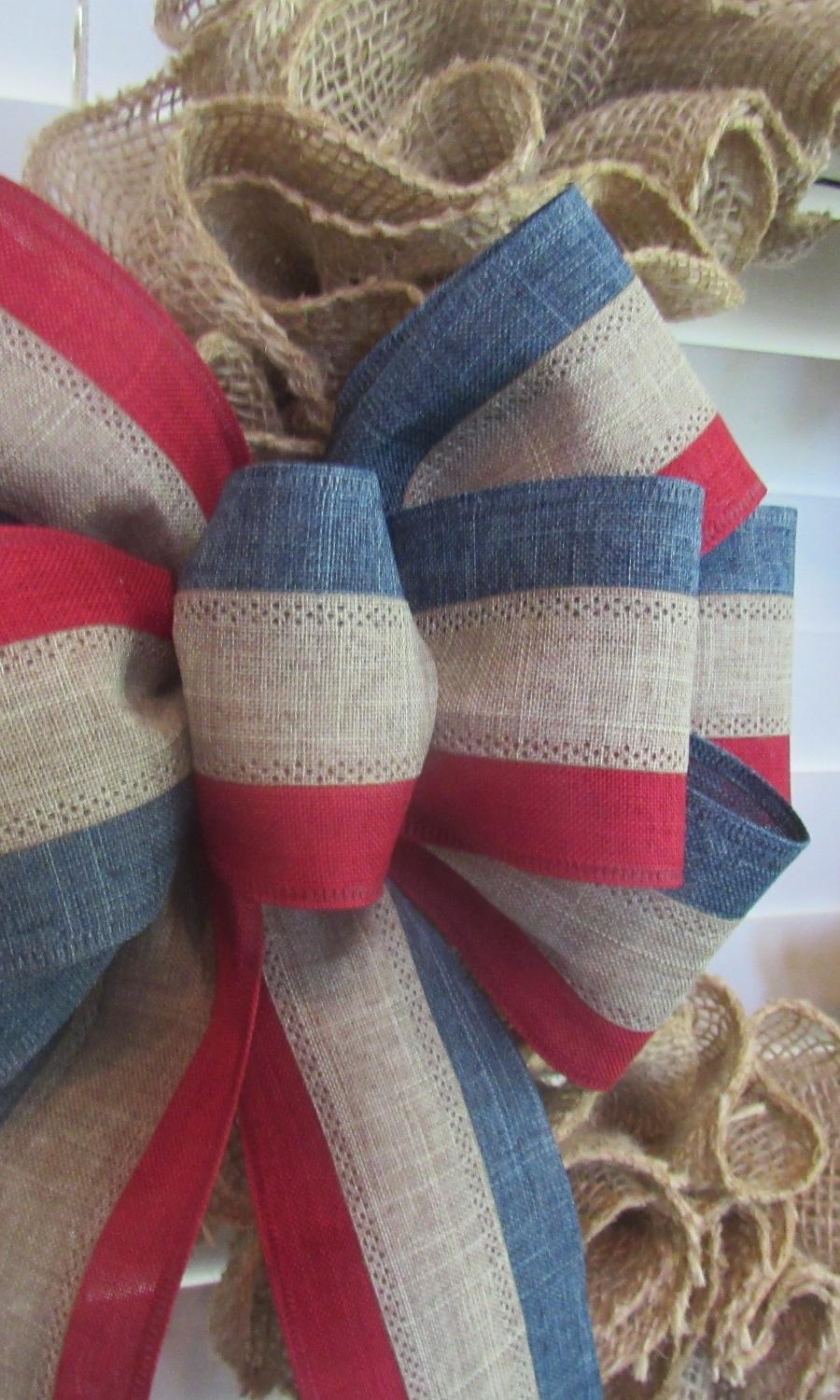 Red blue and Tan Tri stripe decorative wreath bow