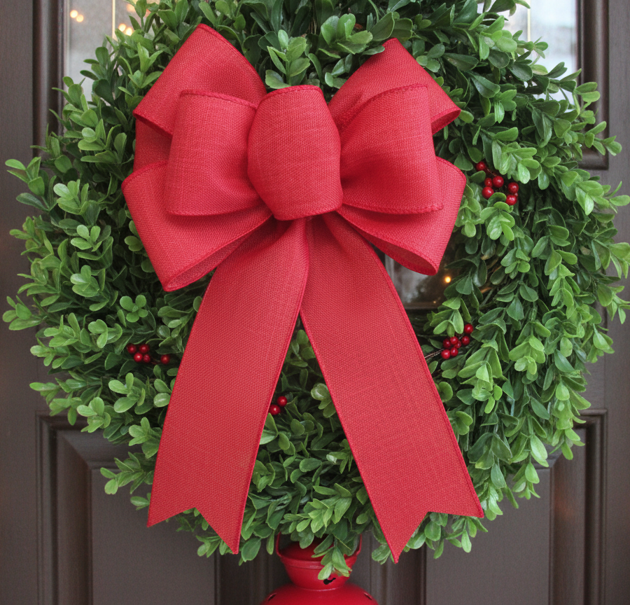 Red canvas linen look decorative wreath bow.