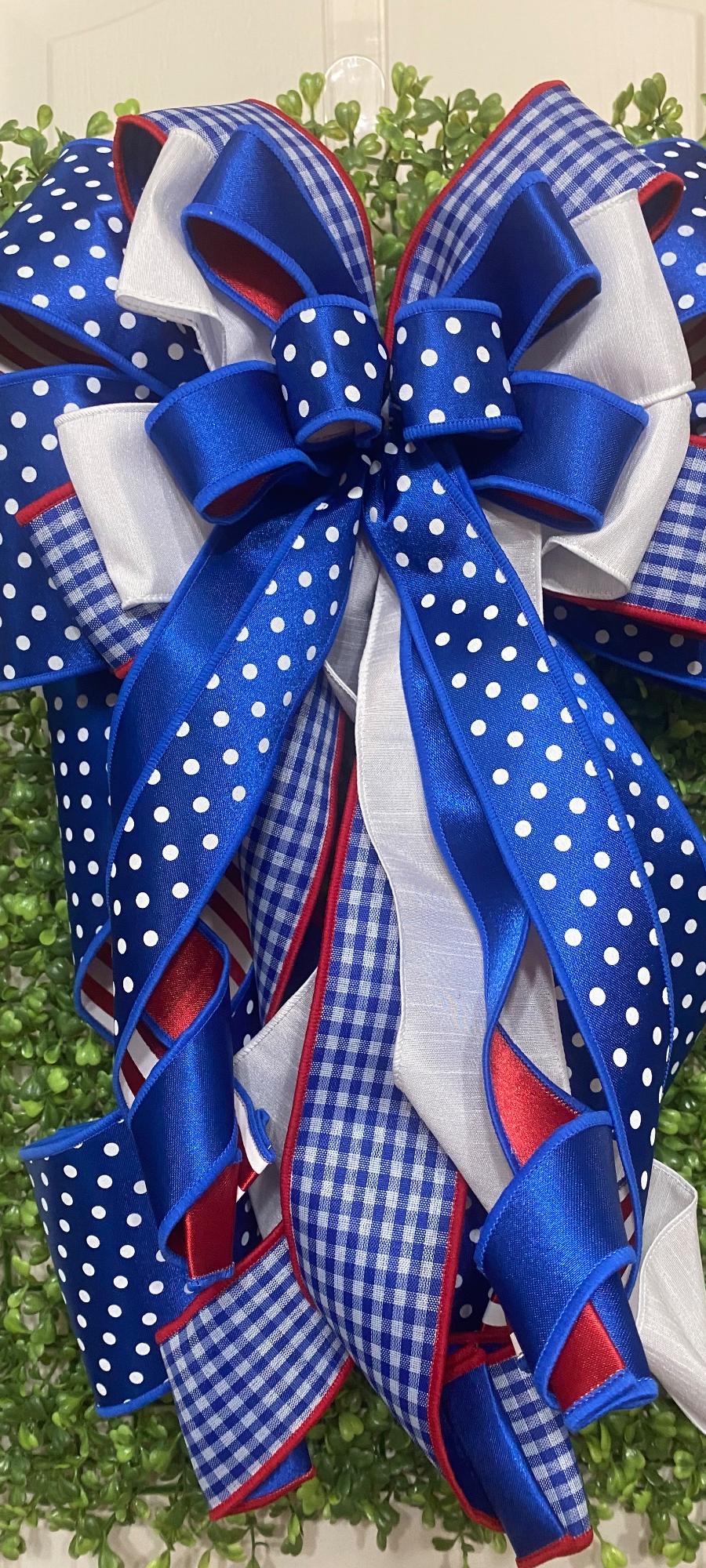 Patriotic Wreath Bow, Large Red White Blue Bow, 4th of July Door Decor, Americana Front Door Bow, Memorial Day Wreath Accent, summer porch