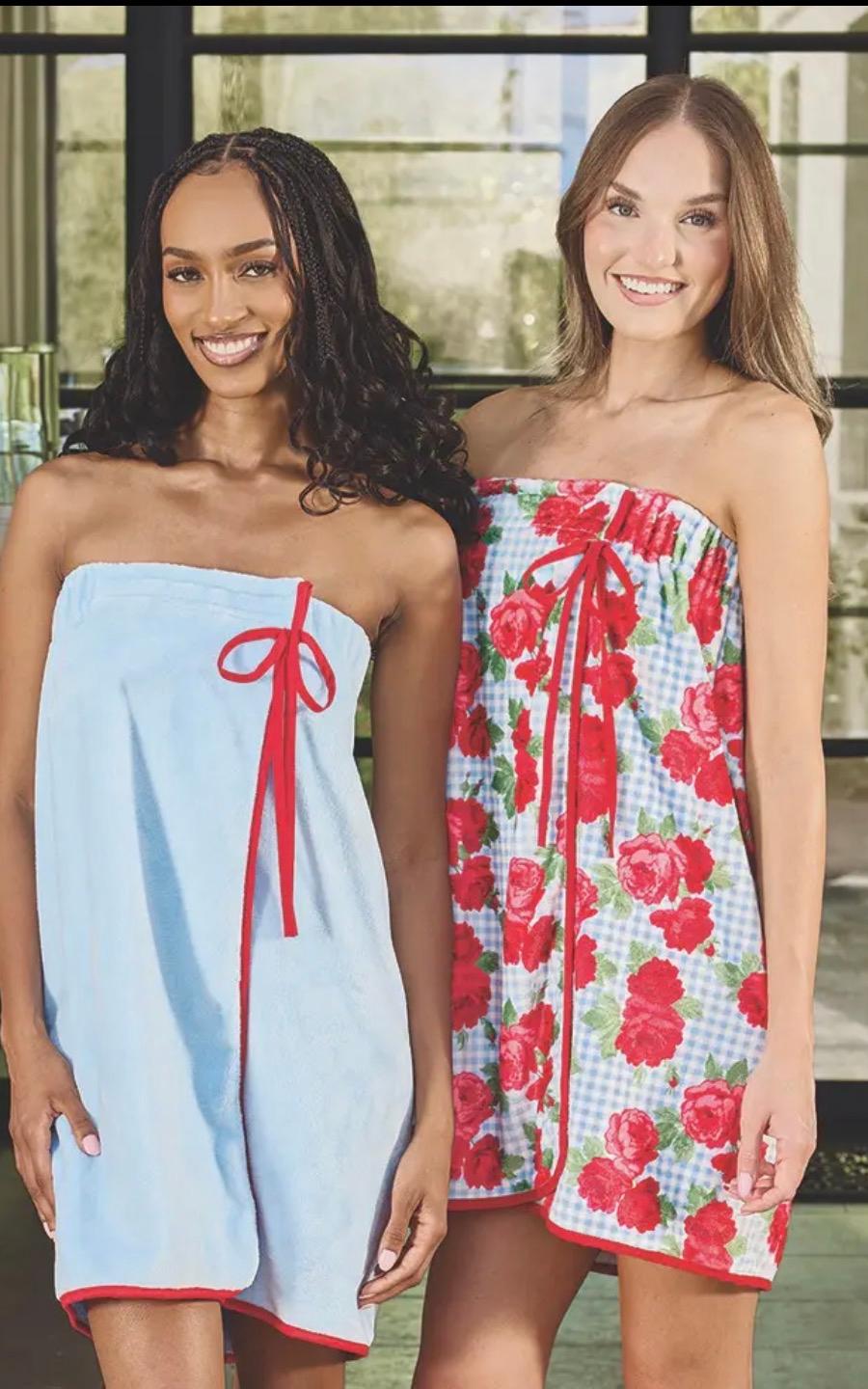 Spa Wrap - Blue Gingham + Red Roses with Red Bow 