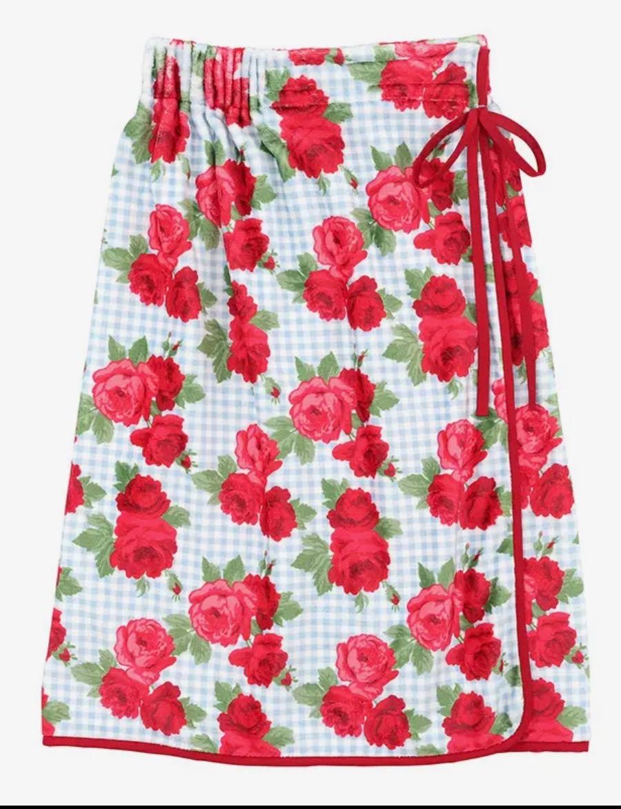Spa Wrap - Blue Gingham + Red Roses with Red Bow 