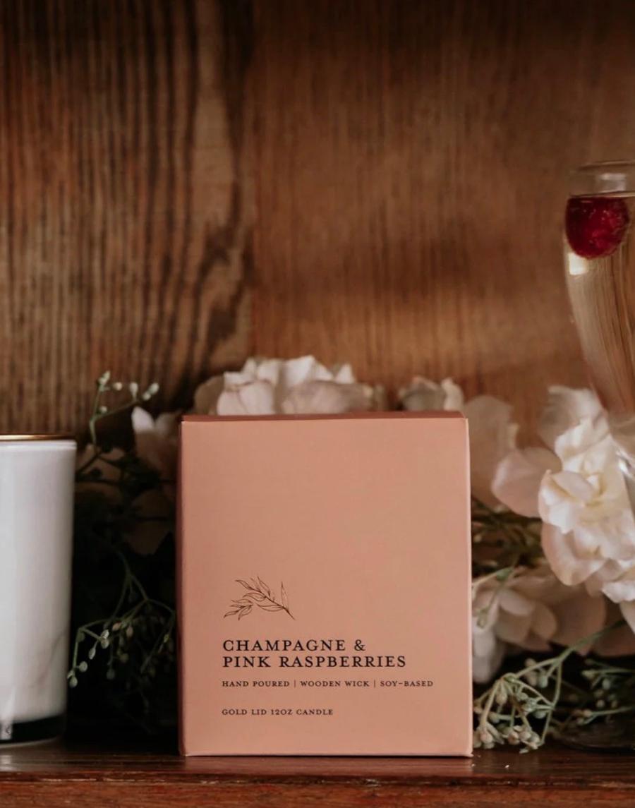 Hand Poured | Wooden Wick | Soy-Based | Gold Lid | Champagne & Pink Raspberries 