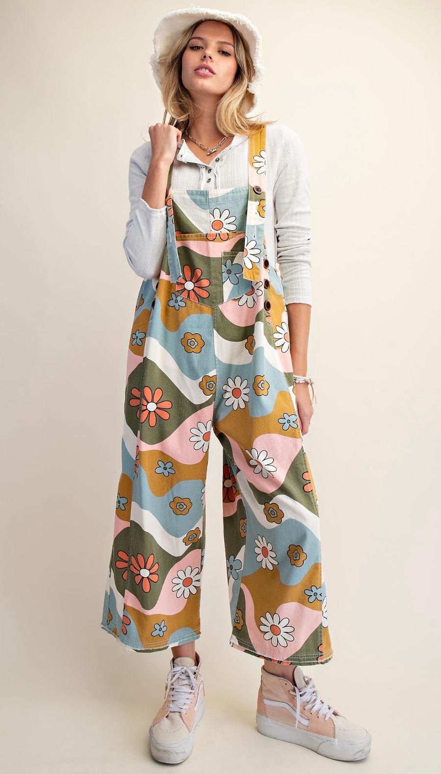 Overalls Groovy Flower 3 Button Detail  Adjustable Straps 