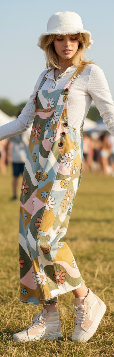 Overalls Groovy Flower 3 Button Detail Adjustable Straps