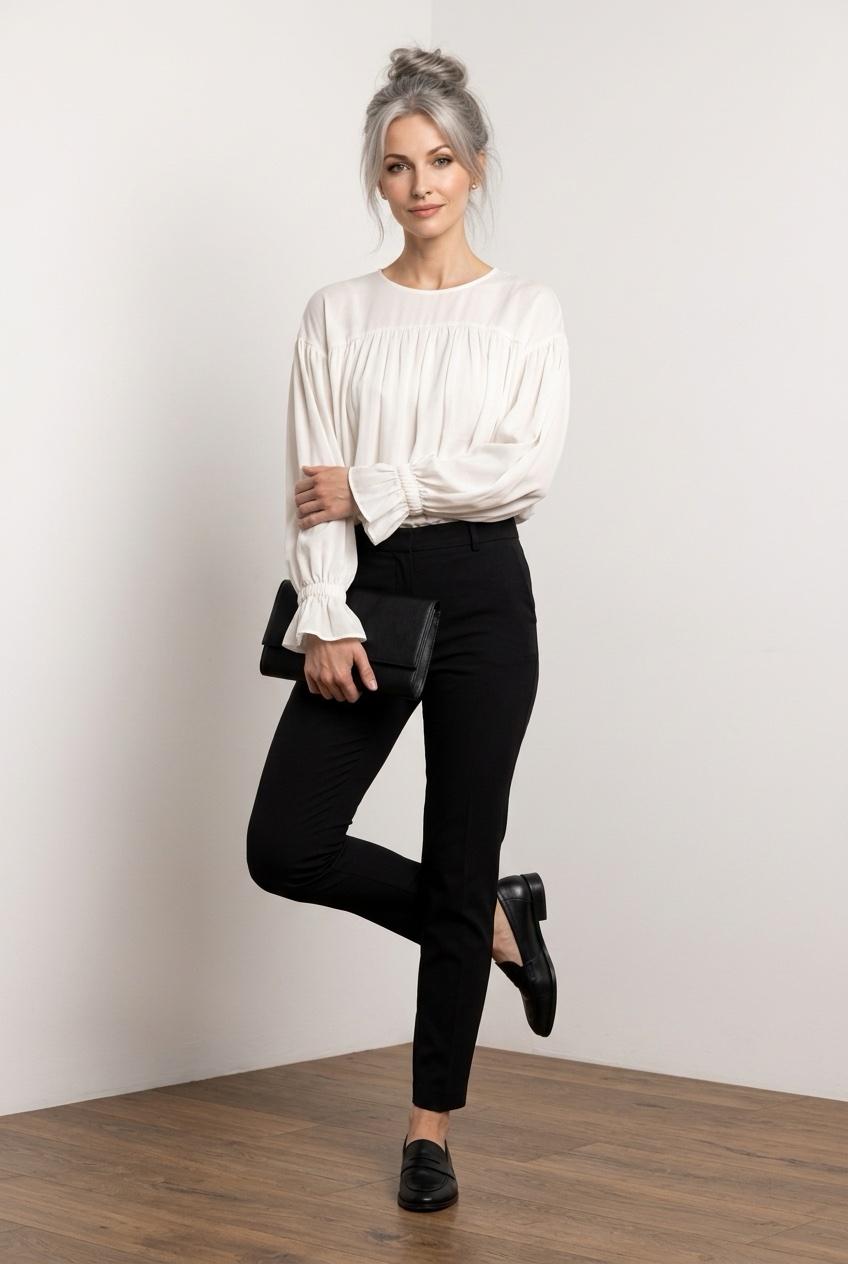 Pleated Ruffle Long Sleeve Chiffon Blouse | Parchment