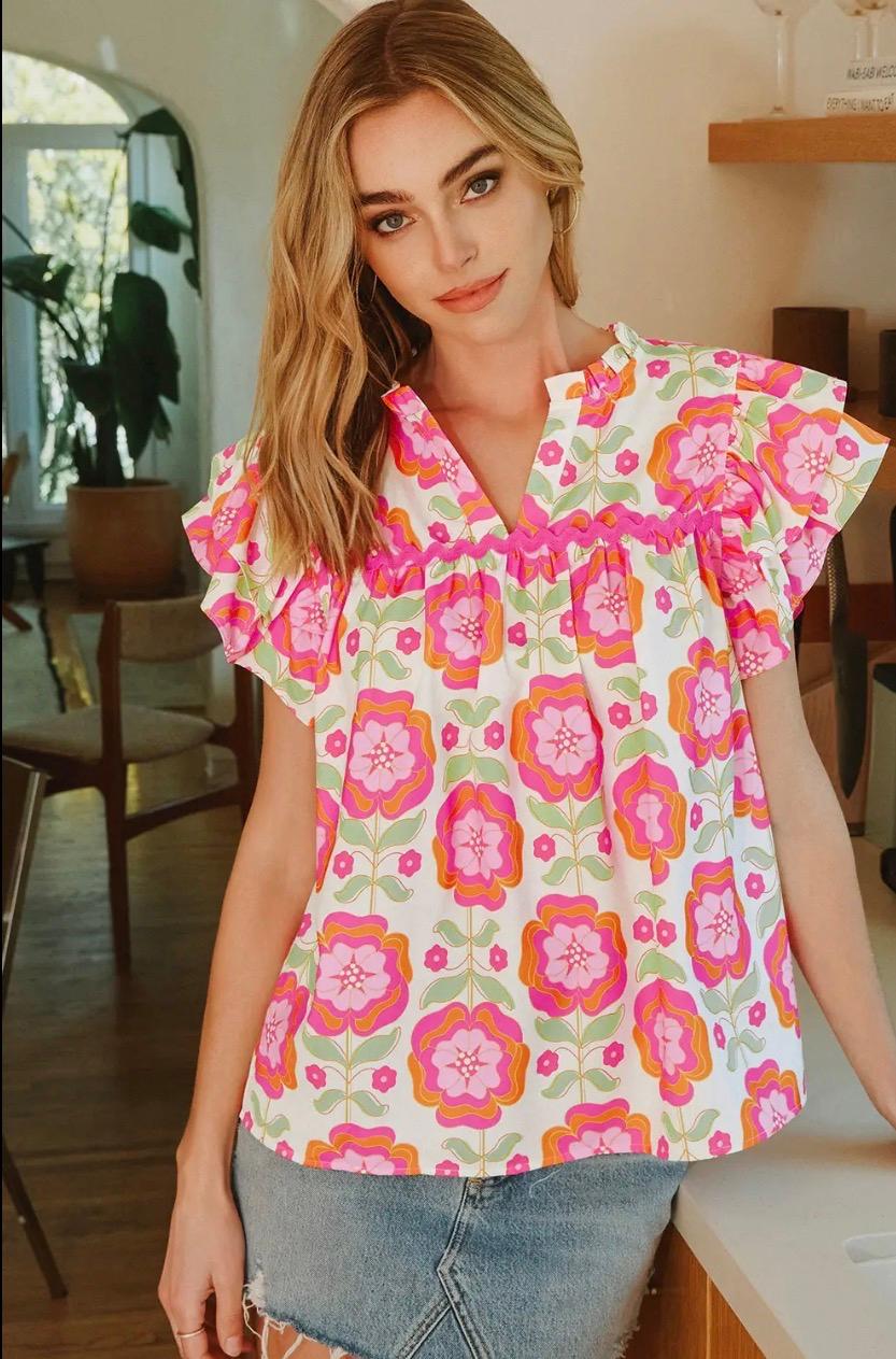 BLOUSE   “BOHO FLORAL RIC - RAC DOUBLE FLUTTER SLEEVE”