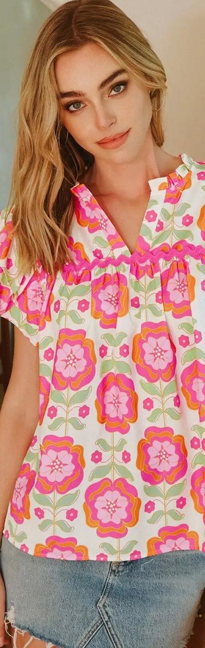 BLOUSE “BOHO FLORAL RIC - RAC DOUBLE FLUTTER SLEEVE”