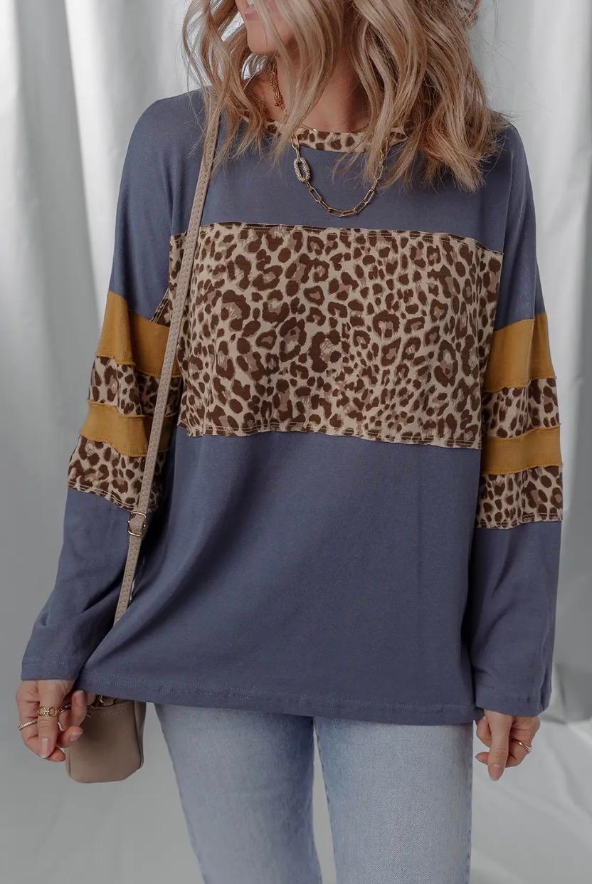 Leopard Colorblock Patchwork Long Sleeve Drop Shoulder Top  (Medium)