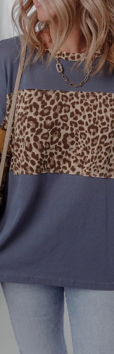 Leopard Colorblock Patchwork Long Sleeve Drop Shoulder Top (Medium)
