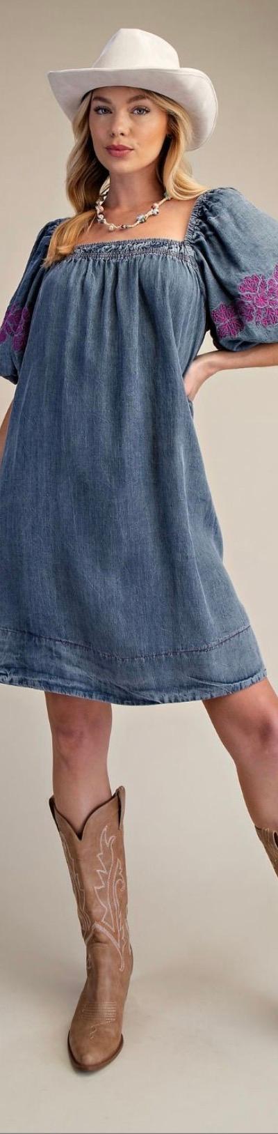 Washed Relaxed Denim Mini Dress denim | Embroidered Detail on Sleeve
