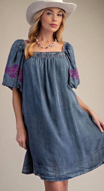 Washed Relaxed Denim Mini Dress denim | Embroidered Detail on Sleeve 