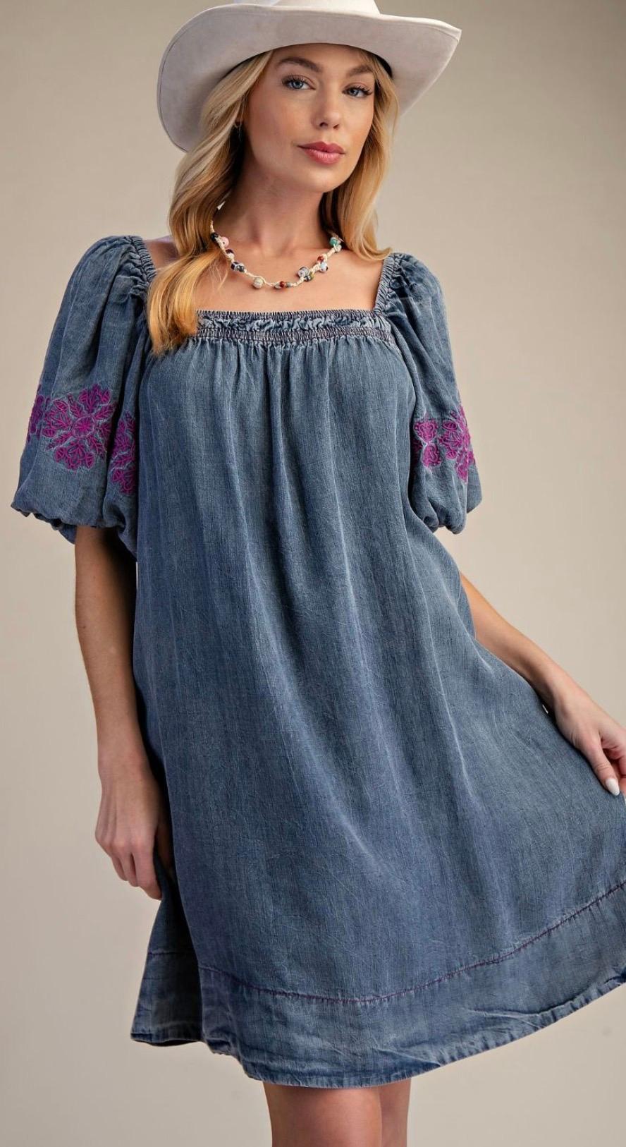 Washed Relaxed Denim Mini Dress denim | Embroidered Detail on Sleeve 