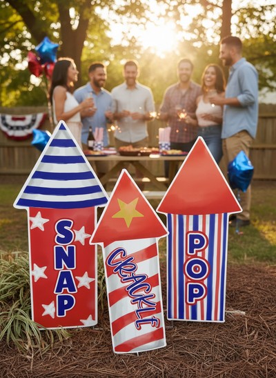 YARD ART FIREWORKS TRIO “SNAP CRAKLE POP” (SET OF 3) INCLUDES METAL STAKES 