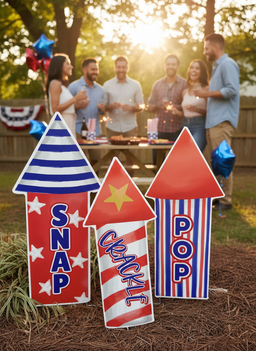 YARD ART FIREWORKS TRIO “SNAP CRAKLE POP” (SET OF 3) INCLUDES METAL STAKES 