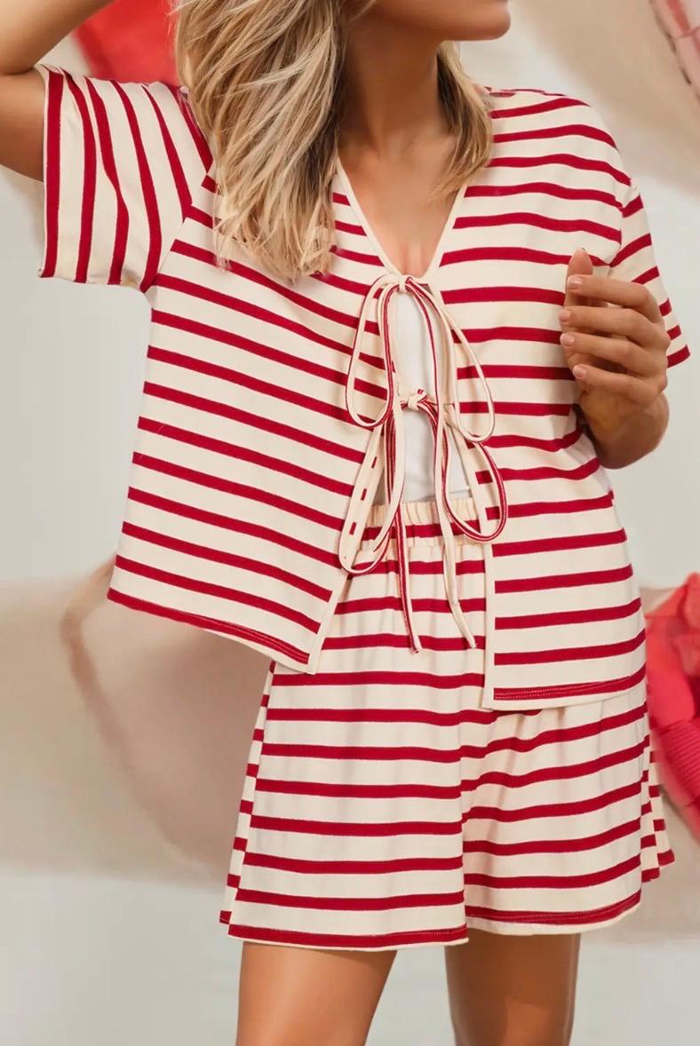 STRIPE LACE-UP FRONT TOP AND HIGH WAIST SHORT SET 
