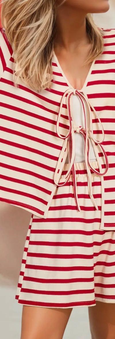 STRIPE LACE-UP FRONT TOP AND HIGH WAIST SHORT SET