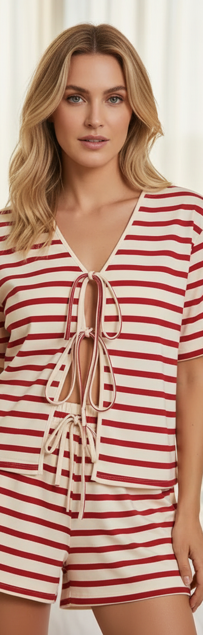 STRIPE LACE-UP FRONT TOP AND HIGH WAIST SHORT SET